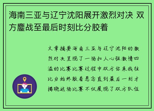 海南三亚与辽宁沈阳展开激烈对决 双方鏖战至最后时刻比分胶着