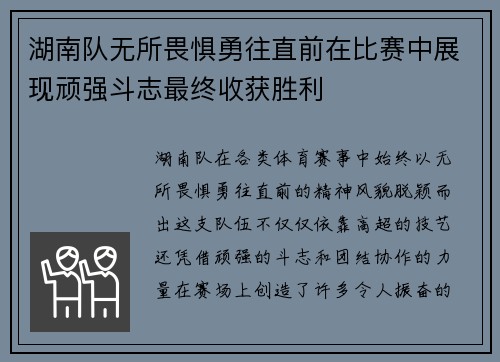 湖南队无所畏惧勇往直前在比赛中展现顽强斗志最终收获胜利