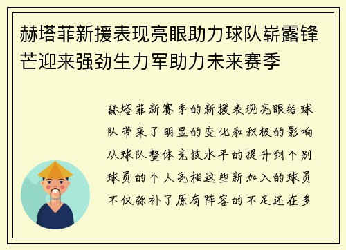 赫塔菲新援表现亮眼助力球队崭露锋芒迎来强劲生力军助力未来赛季