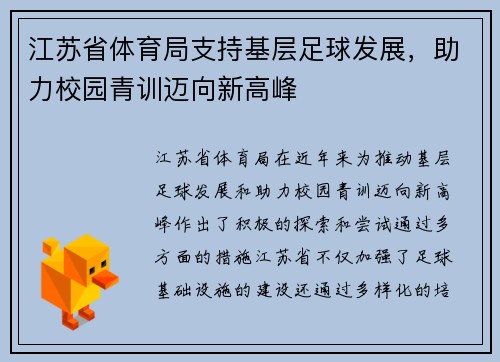 江苏省体育局支持基层足球发展,助力校园青训迈向新高峰