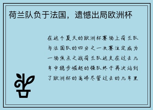 荷兰队负于法国，遗憾出局欧洲杯