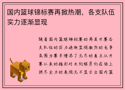 国内篮球锦标赛再掀热潮，各支队伍实力逐渐显现