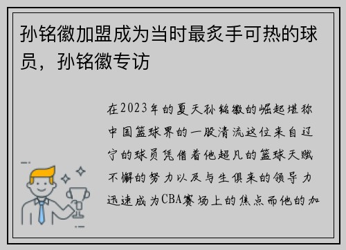 孙铭徽加盟成为当时最炙手可热的球员，孙铭徽专访