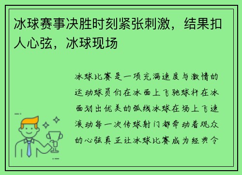冰球赛事决胜时刻紧张刺激，结果扣人心弦，冰球现场