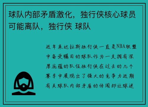 球队内部矛盾激化，独行侠核心球员可能离队，独行侠 球队