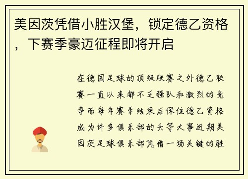 美因茨凭借小胜汉堡,锁定德乙资格,下赛季豪迈征程即将开启