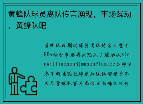 黄蜂队球员离队传言湧现，市场躁动，黄蜂队吧